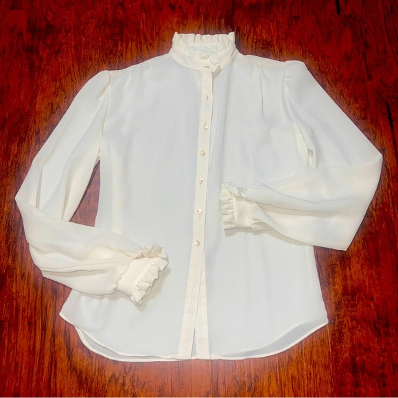 That’s Me! USA Tops - Vintage That’s Me! USA Button-Down High Neck Ruffled Sheer Blouse 100% Polyester